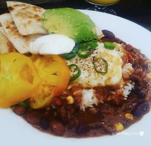 Leftover Chili with Pan Fried Kale & Garlicky Toasted Bread Crumbs