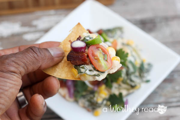 Hot Spinach & Sweet Corn Dip with Bacon Mini Salad & The Bloody Mary With Roasted Carrots & Pepper Cocktail. This combination packs a powerful punch of hot sauces, but not too hot. Dripping with cheesy goodness and dotted with fresh cut sweet corn off the cob, this easy appetizer is perfect for a game day appetizer or the upcoming holidays!