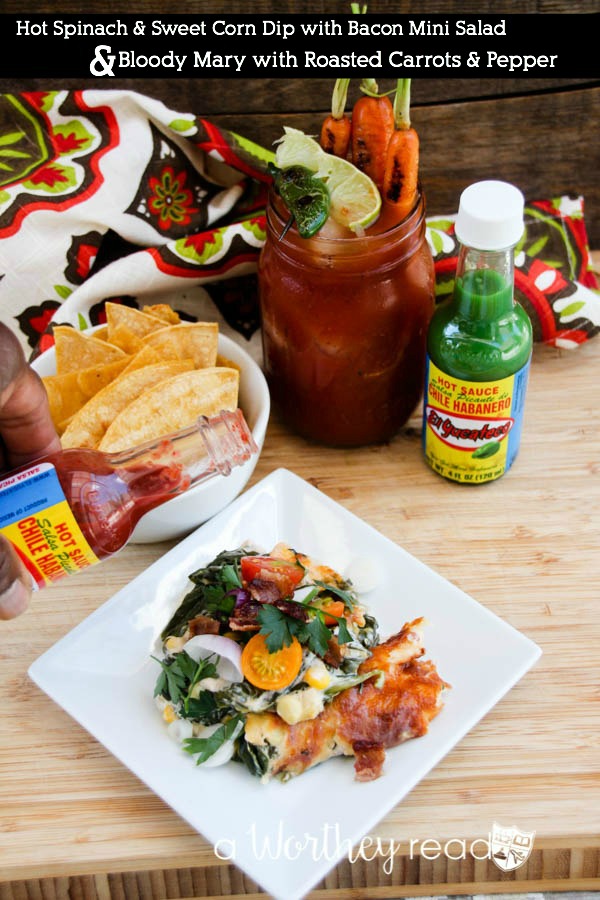 Hot Spinach & Sweet Corn Dip with Bacon Mini Salad & The Bloody Mary With Roasted Carrot & Pepper Cocktail. This combination packs a powerful punch of hot spices, but not too hot. Dripping with cheesy goodness and corn, this easy appetizer is perfect for a summer picnic or a game day appetizer!