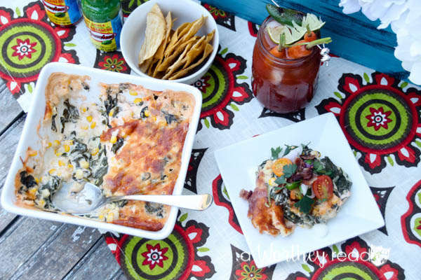 Hot Spinach & Sweet Corn Dip with Bacon Mini Salad & The Bloody Mary White Roasted Carrot & Pepper Cocktail. This combination packs a powerful punch of hot spices, but not too hot. Dripping with cheesy goodness and corn, this easy appetizer is perfect for a summer picnic or a game day appetizer!