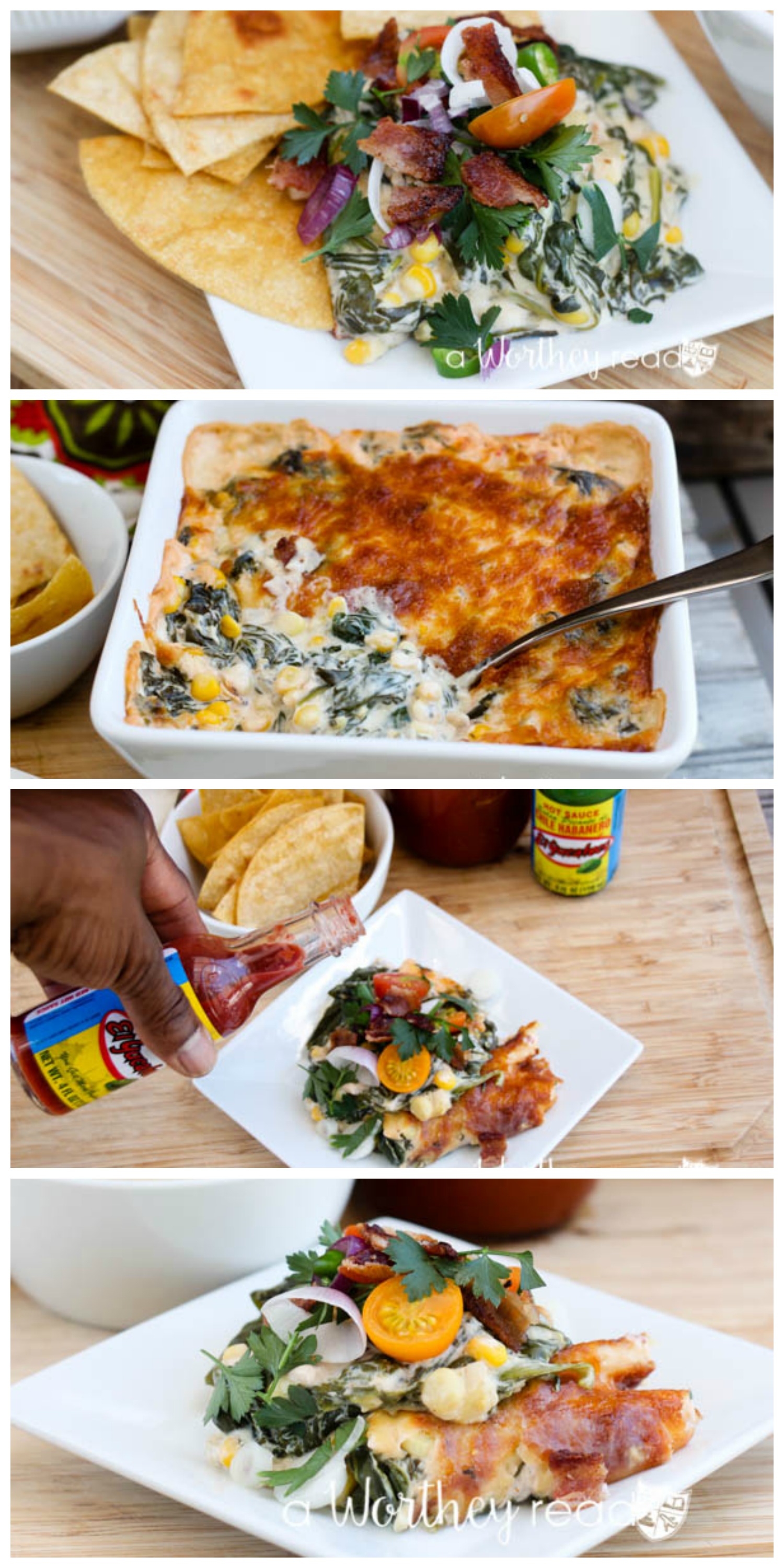 Hot Spinach & Sweet Corn Dip with Bacon Mini Salad & The Bloody Mary White Roasted Carrot & Pepper Cocktail. This combination packs a powerful punch of hot spices, but not too hot. Dripping with cheesy goodness and corn, this easy appetizer is perfect for a summer picnic or a game day appetizer!