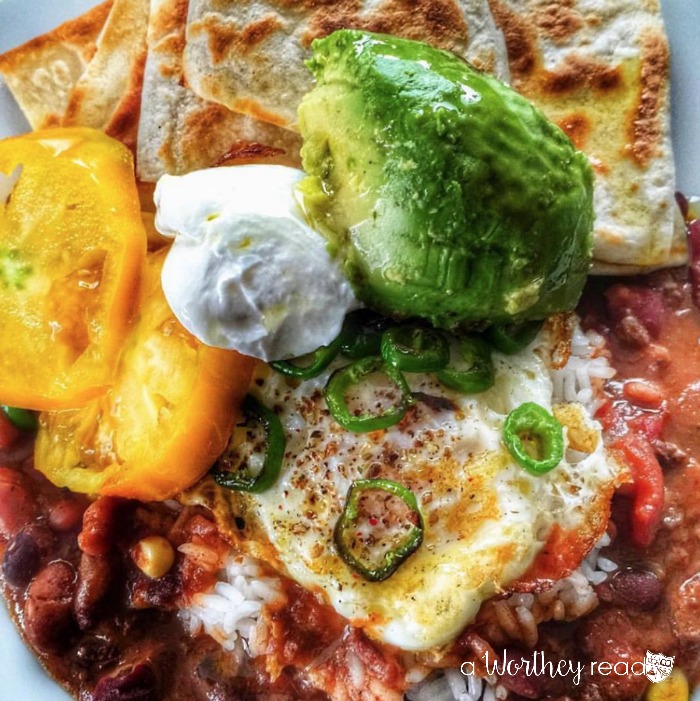 Leftover Chili with Pan Fried Kale & Garlicky Toasted Bread Crumbs