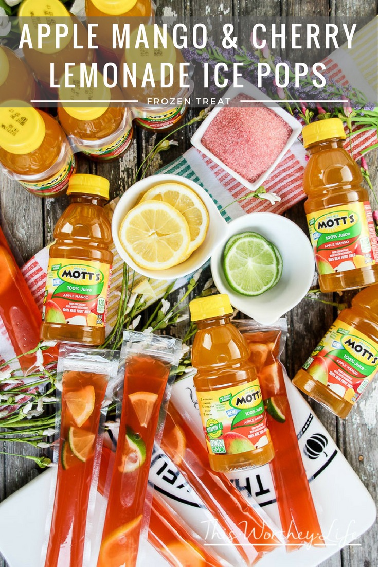 Cool down this summer with a fun frozen treat. The kids will love these Ice pops. Easy to make, and fun to drink. Grab this frozen treat recipe on the blog- Mott's Apple Mango & Cherry Lemonade Ice Pops