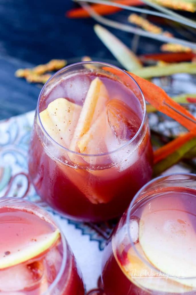 Mix up a batch of our Fall Fruit Sangria and enjoy so many of autumn's favorite fall flavors. It's mixed with&nbsp;slices of sweet apples, ripe plums, peaches, and a mix of slightly bubbly Rosé and delicious apple cider. The whole thing is sweetened with our homemade Blueberry + Cranberry Simple Syrup.&nbsp;