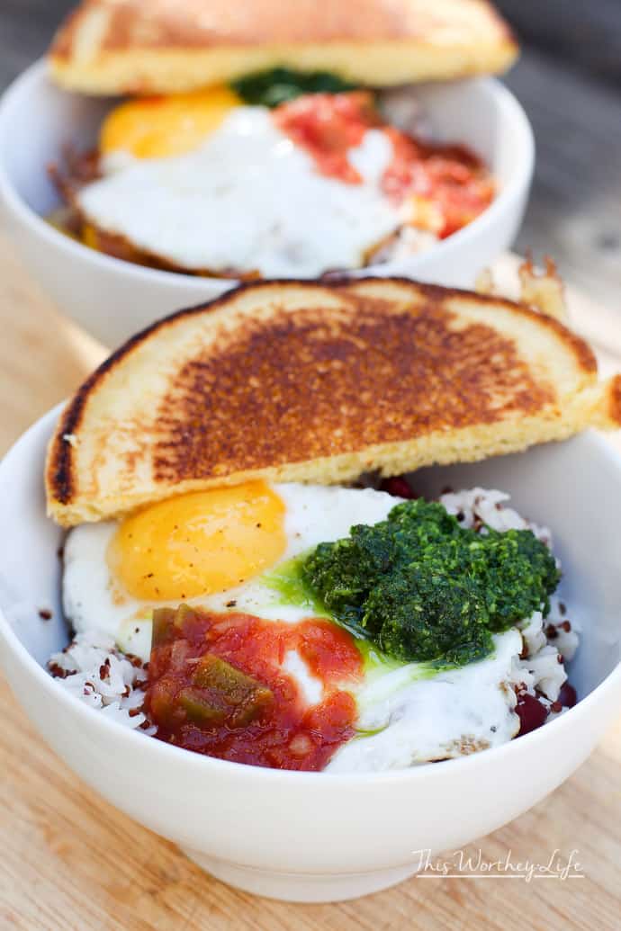 Warm up with this comfort food. Our Southern Breakfast bowl is filled with Jasmine rice, red beans, quinoa, fried egg, chimichurri sauce, and salsa, along with a side of hoecakes. Try our easy breakfast recipe- Red Beans + Rice Southern Breakfast bowl.&nbsp;