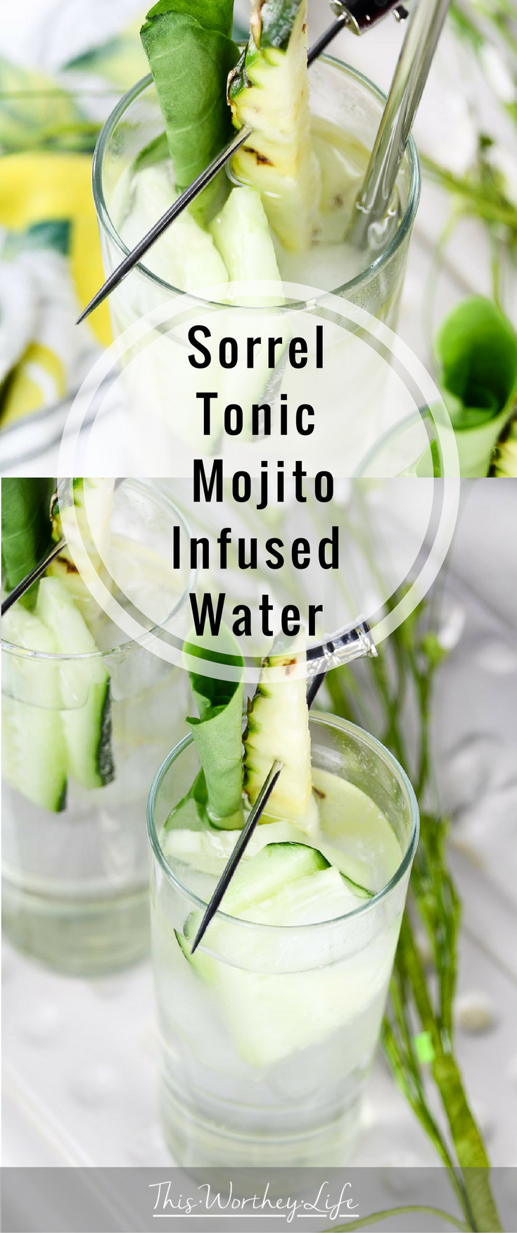 Cool off with this refreshing infused water drink! It's made with a sorrel simple syrup, tonic water, fresh cucumbers, and pineapple. Our Sorrel Tonic Mojito Infused Water will be one drink you'll want to have again and again during the warmer weather.