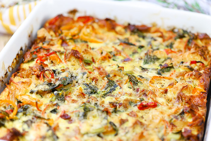Take breakfast to a new level with our loaded bacon + peppers breakfast strata! Oozing with a variety of cheeses, fresh peppers, thick-cut bacon, collard greens, onions and more, this loaded&nbsp;strata&nbsp;says, breakfast is served!