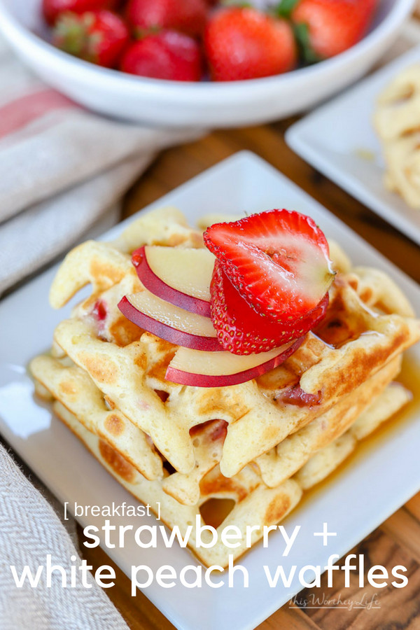Use our breakfast hack on making "homemade" waffles with pancake mix. With fresh fruit such as strawberries and white peaches, this easy waffle recipe can be made in just a few minutes, which is perfect for those busy school mornings. Easy Waffle Recipe | Strawberry + White Peach Waffles