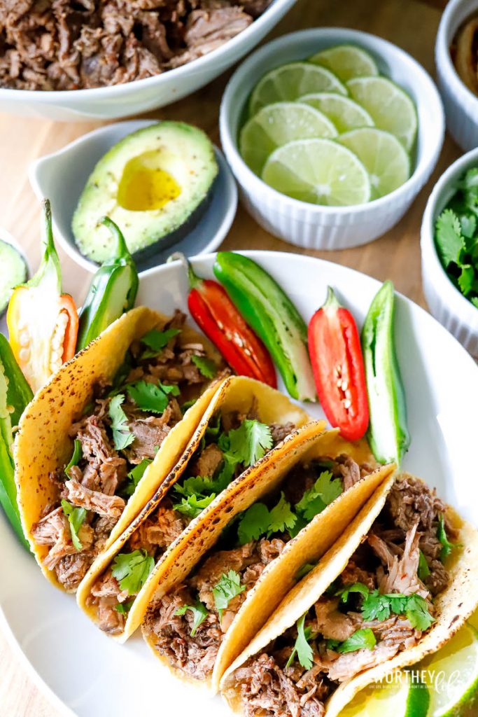 favorite Mexican foods styled on white plate with limes and fresh avacados