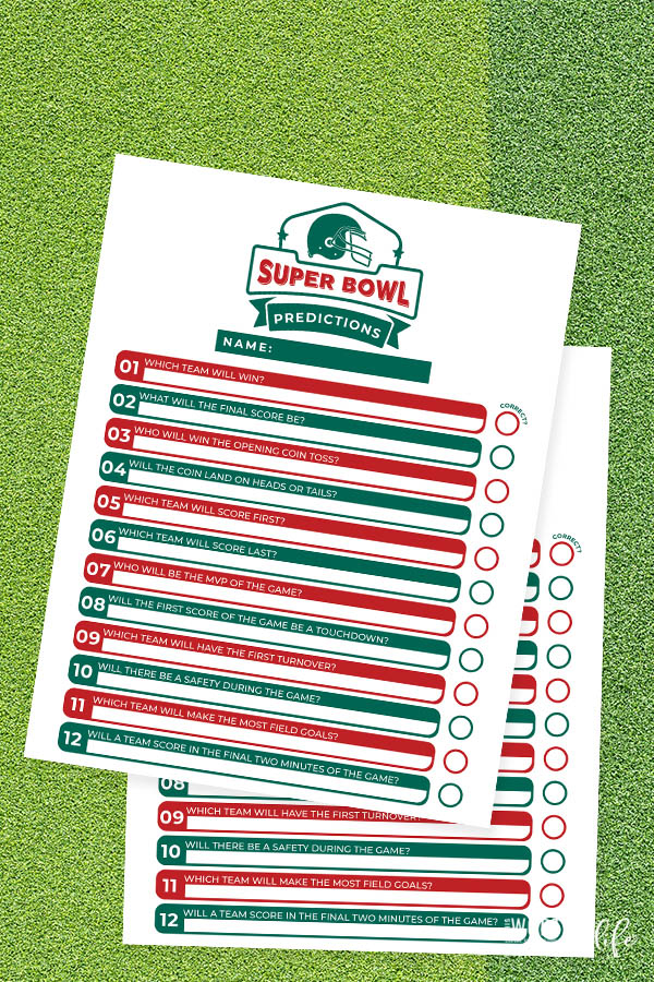 Have fun with super bowl score predictions by using our free printable for the big game. Use this free predictions printable for Super Bowl Sunday.