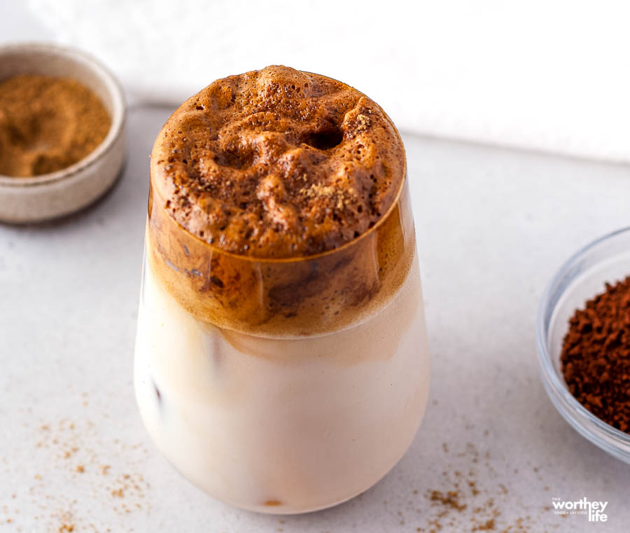 pumpkin Dalgona Coffee&nbsp;recipe in a tall glass