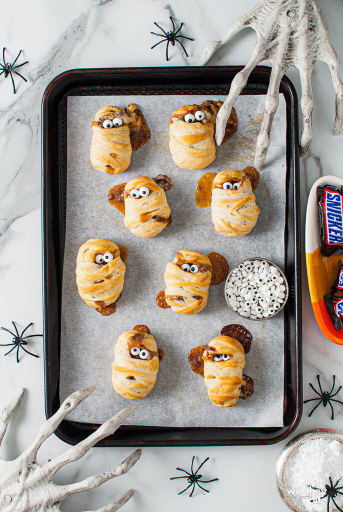 Halloween Mummies&nbsp; on a baking sheet