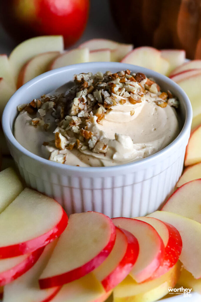 cream cheese caramel dip in a white ramekin
