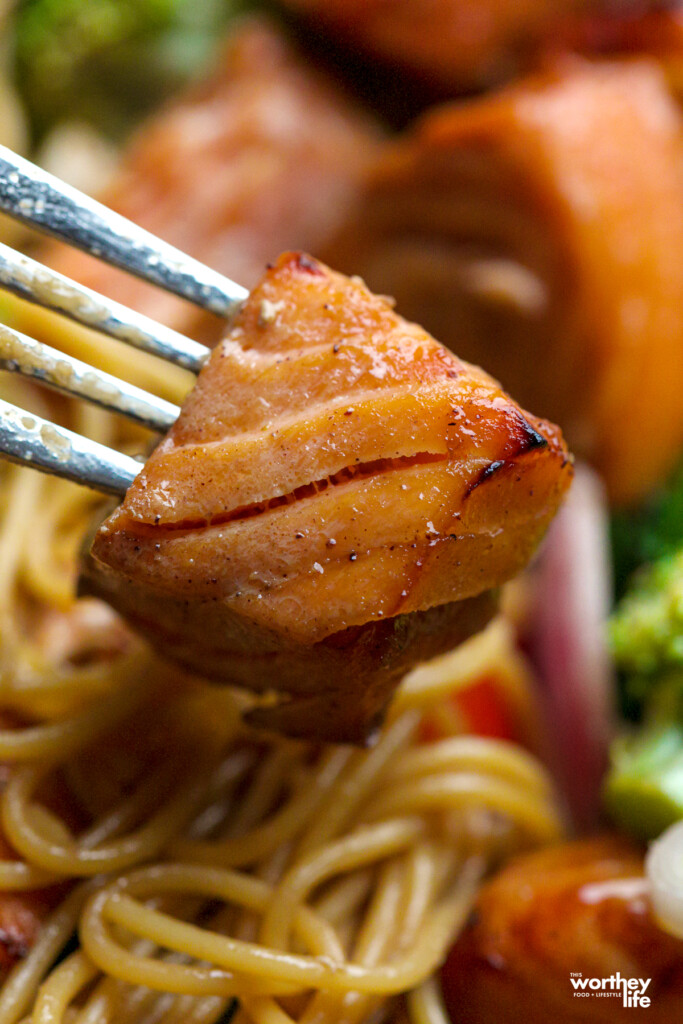 A cube of salmon made in the air fryer