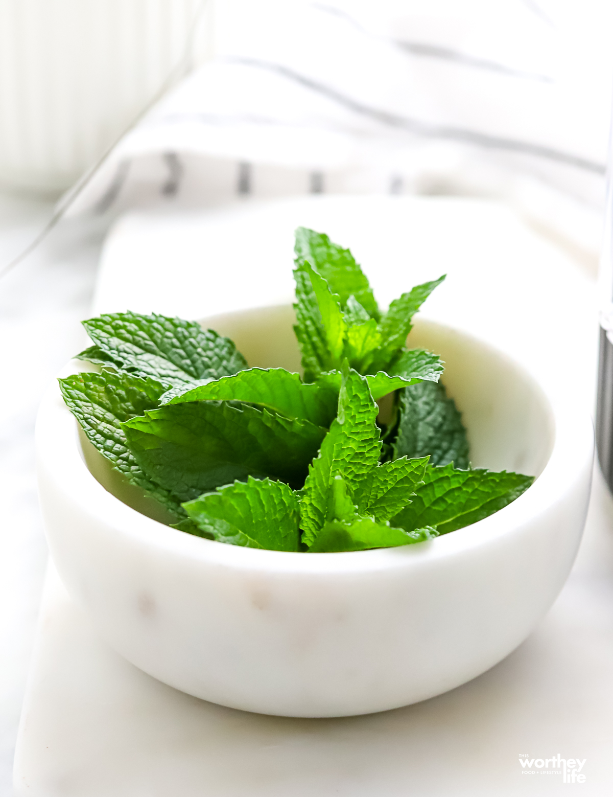 A small marble bowl filled with fresh picked mint from the garden.