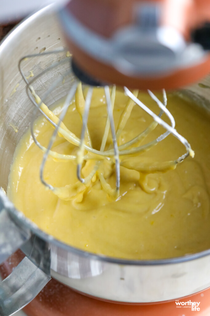 making olive oil cake batter in a stand mixer