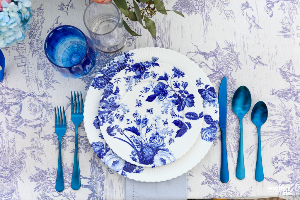 blue and white table setting