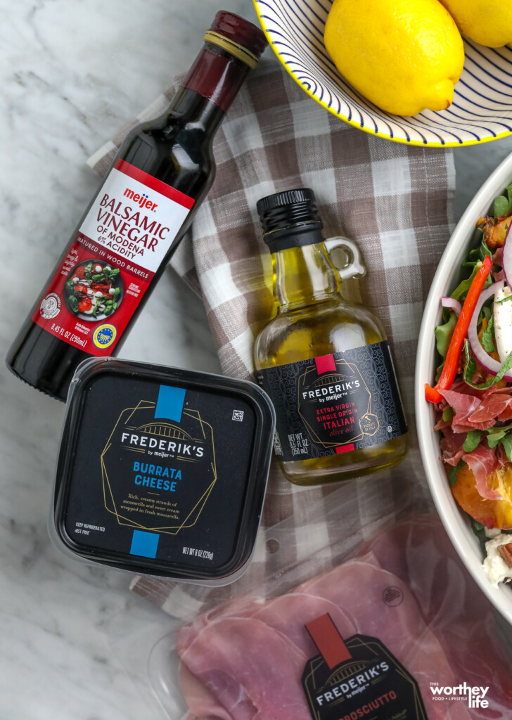 ingredients to make a peach burrata salad