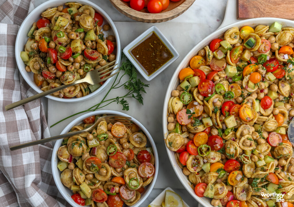 mediterranean pasta salad in bowls