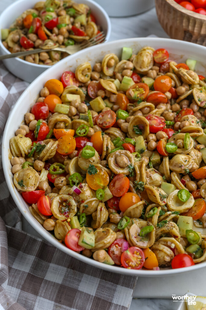 Chickpea pasta salad in a large white bowl
