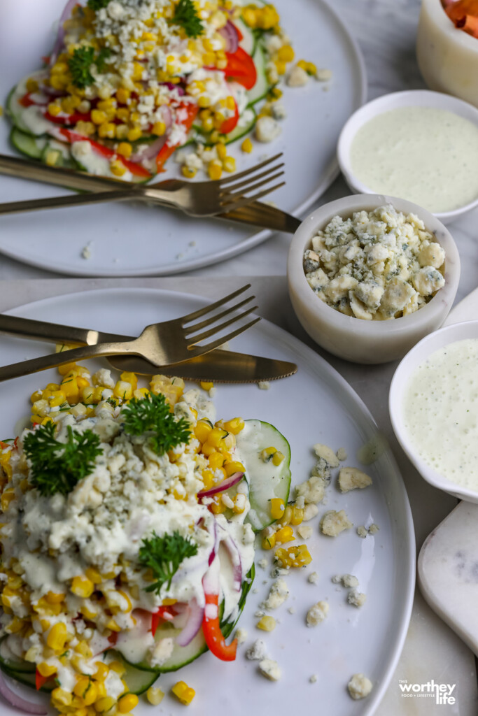 two plates of sweet corn cucumber dill salad
