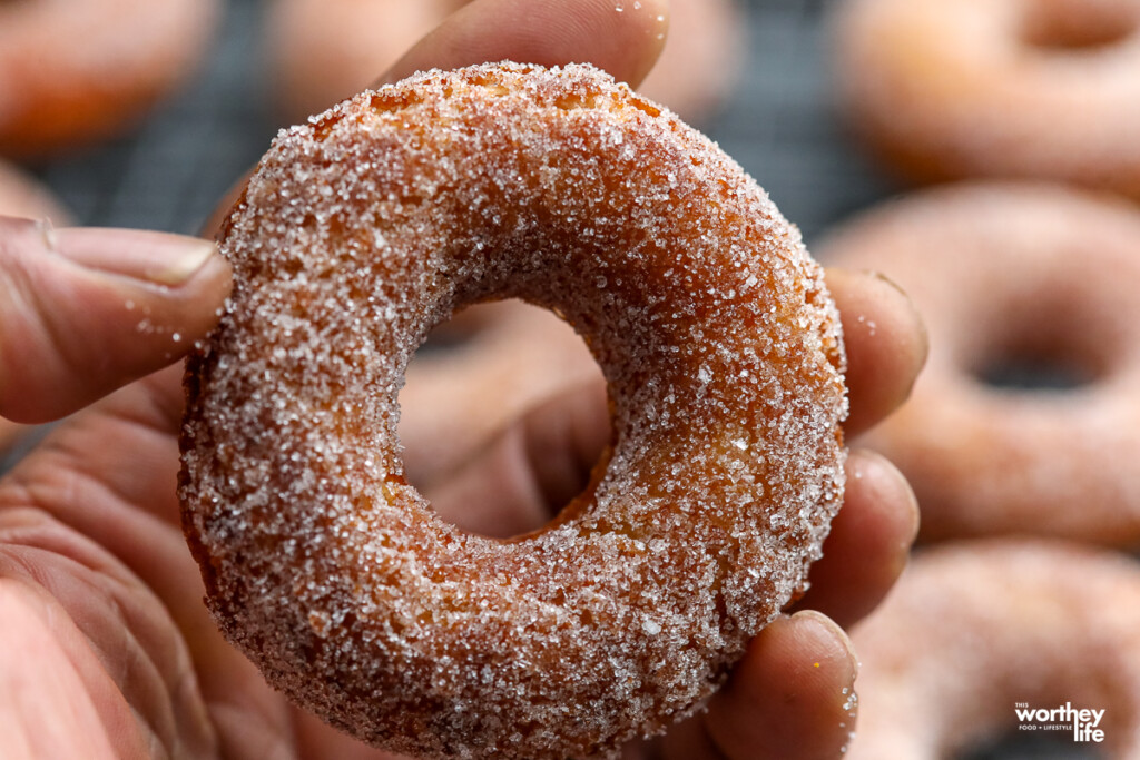 man holding a donut with a cinnamon sugar topping