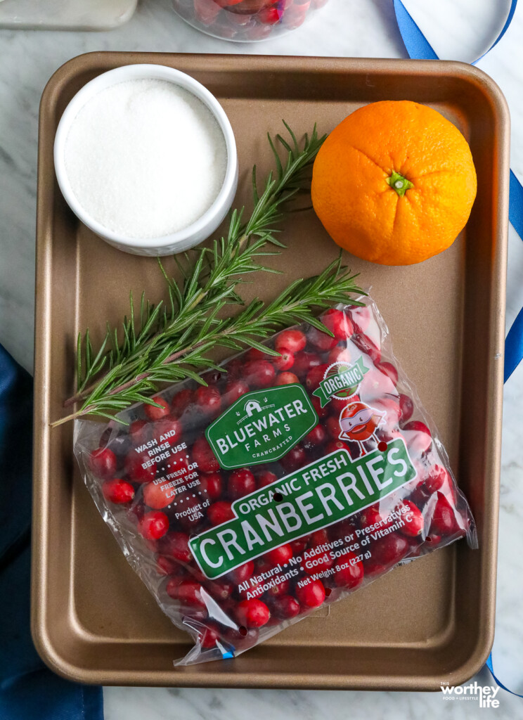 ingredients for cranberry sauce on a tray