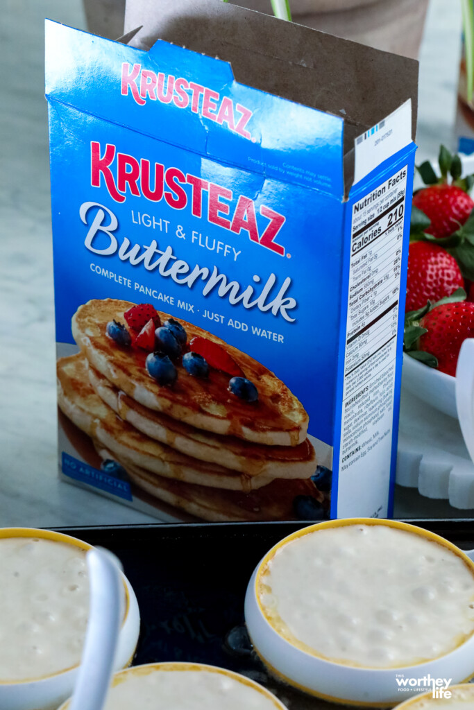 making pancakes using Krusteaz pancake mix