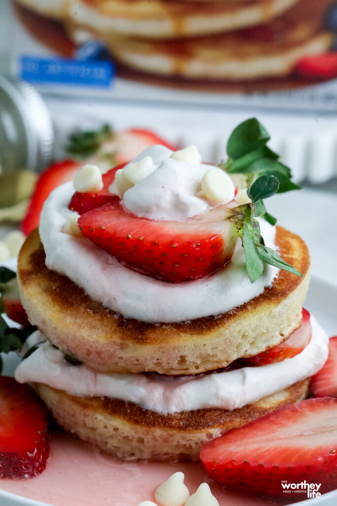 a stack of strawberry pancake shortcakes