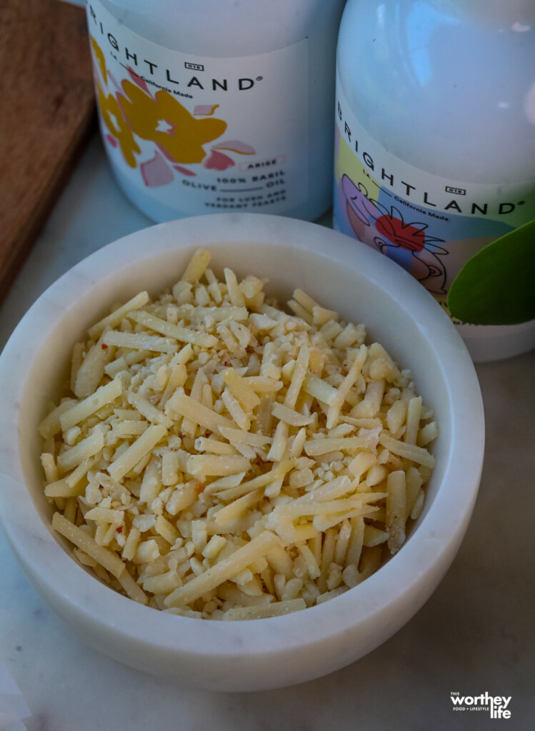 toscana cheese from trader joe's in a white marble bowl