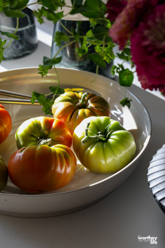 a bowl of garden tomatoes 