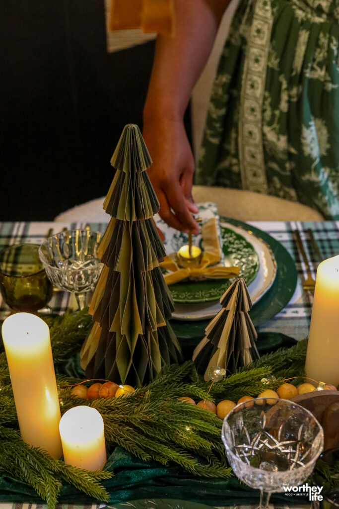 creating an green holiday centerpiece with paper trees