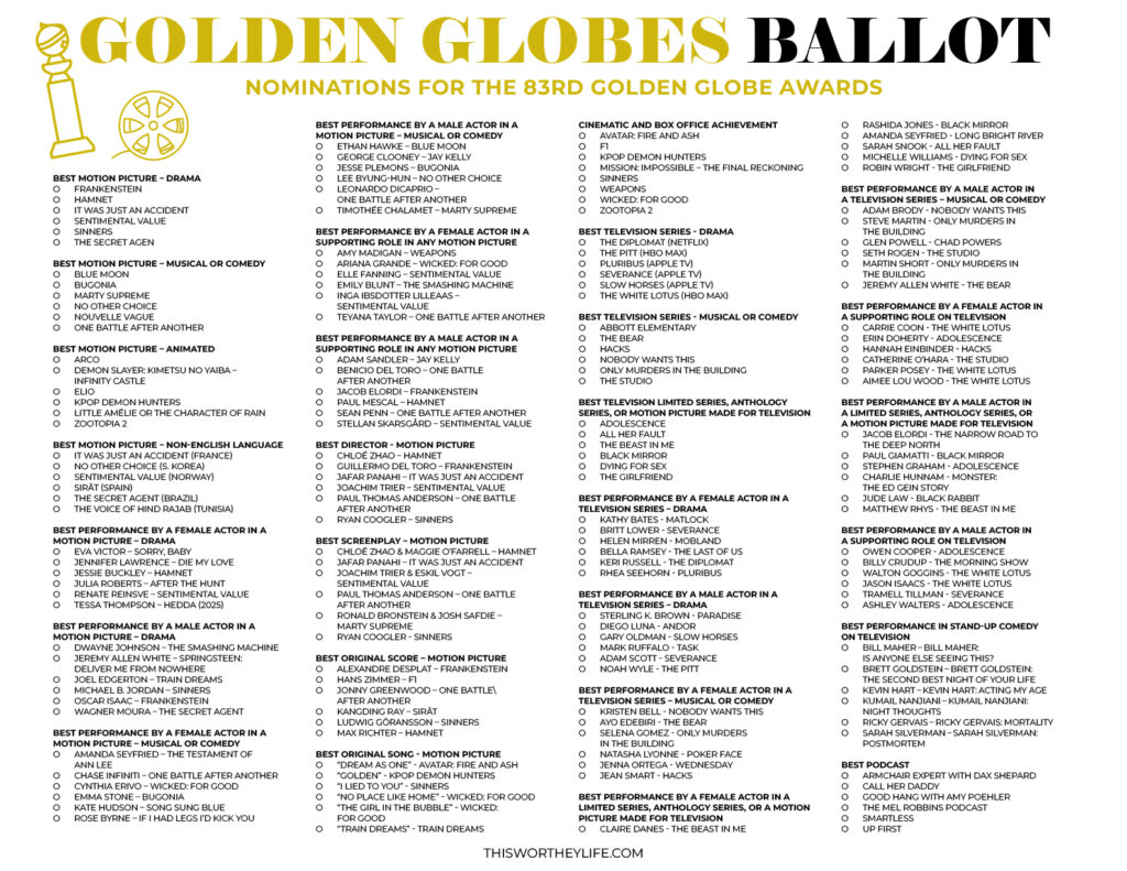 2026 Golden Globes Printable Ballot