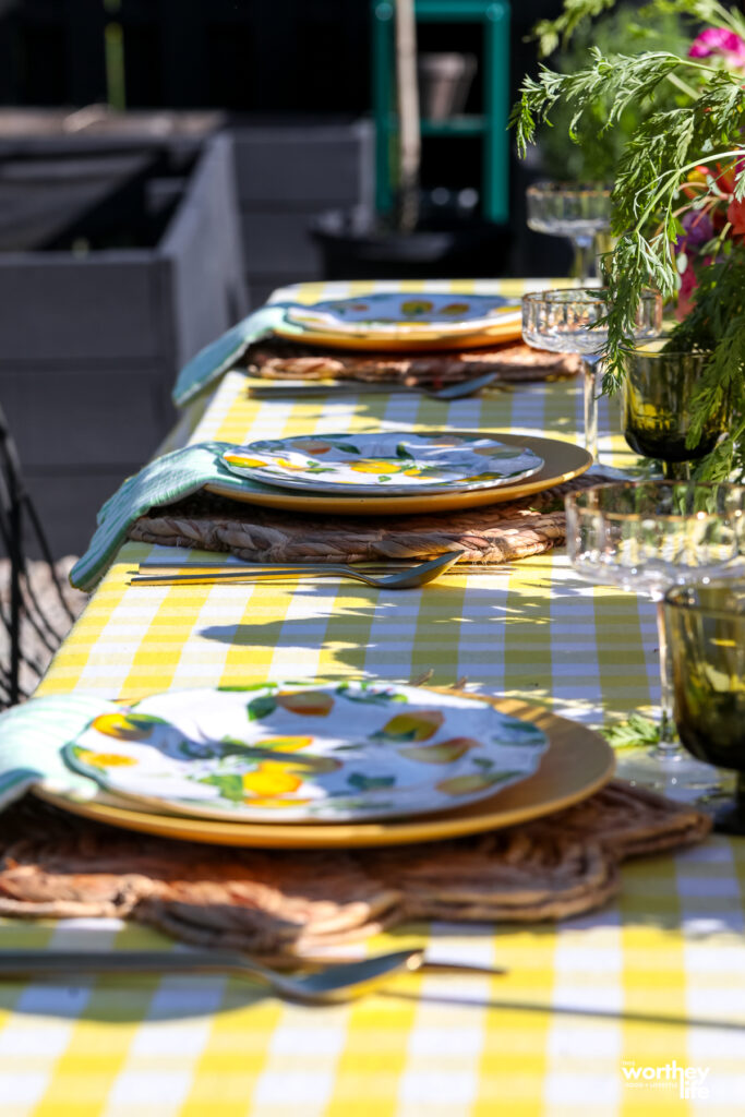 lemon plates on a yellow and white table