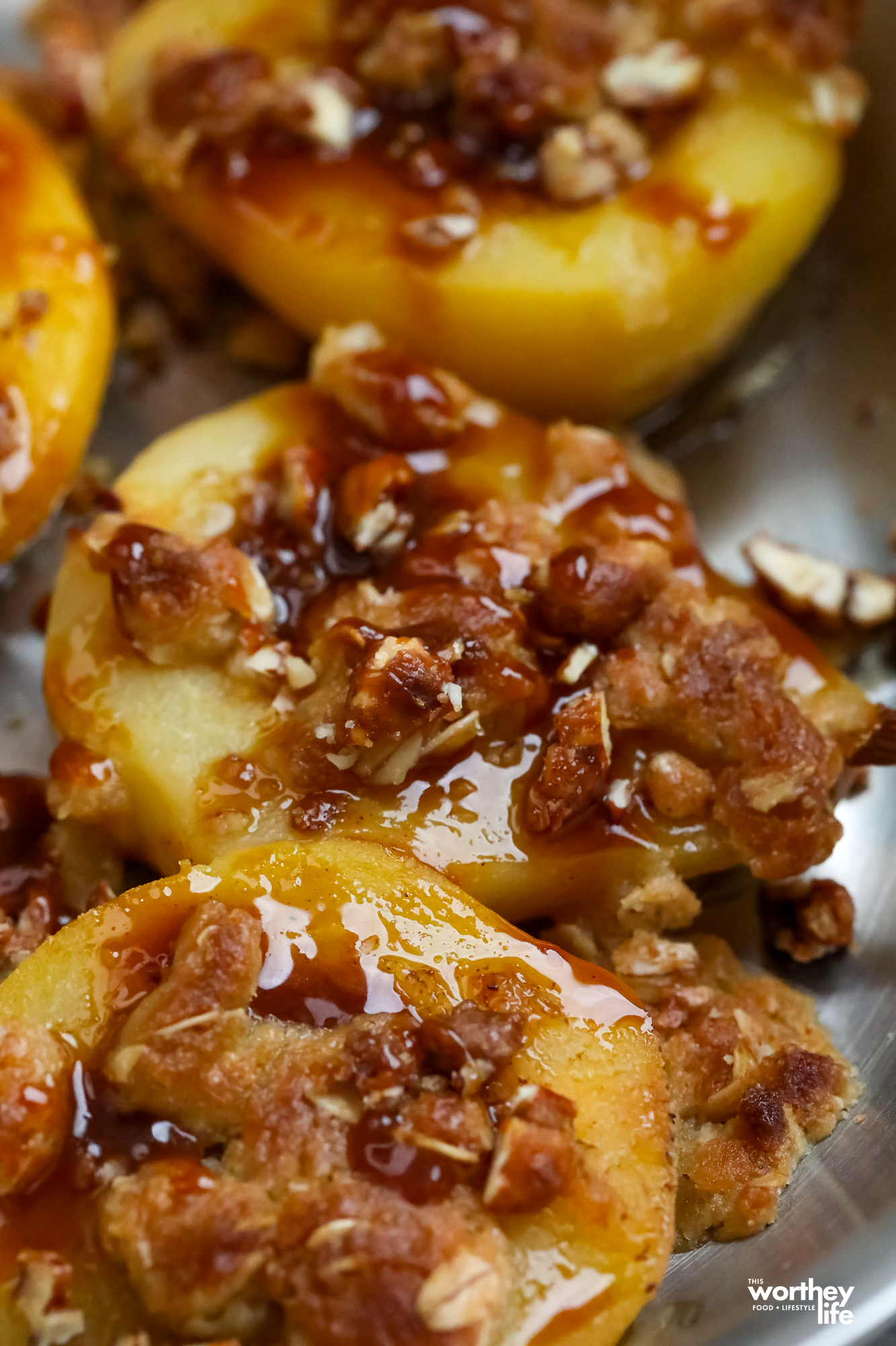 caramelized pecans with poached pears
