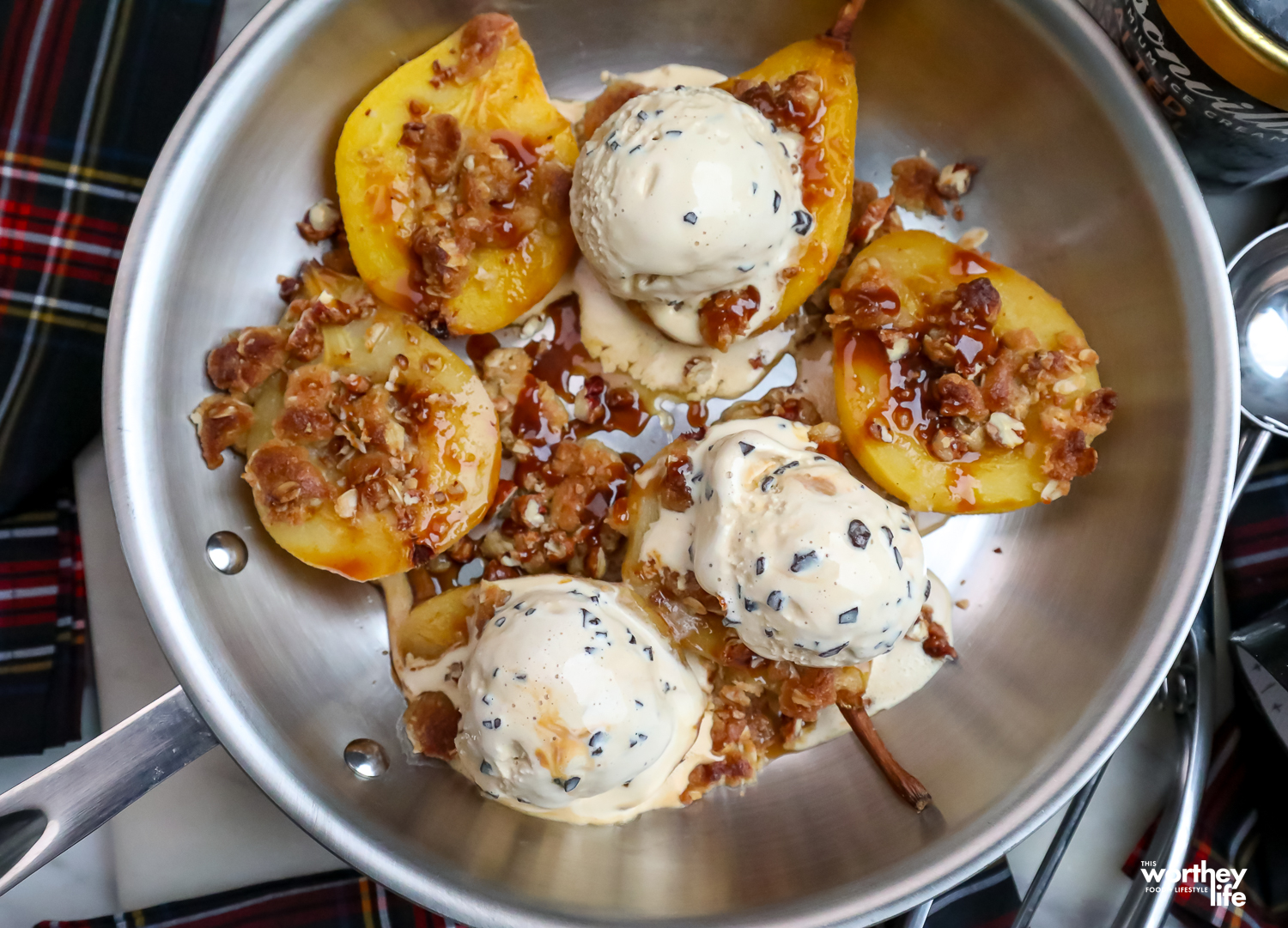 creamy, rich ice cream with poached pears, caramel spice sauce